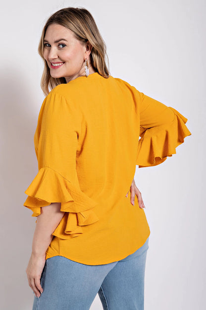 Plus-size Ruffled Bell Sleeve with Front Pleated Detail Top