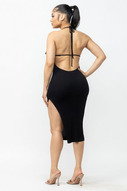 Sexy Black Tie Halter Drape Neck Party Dress with Open Back