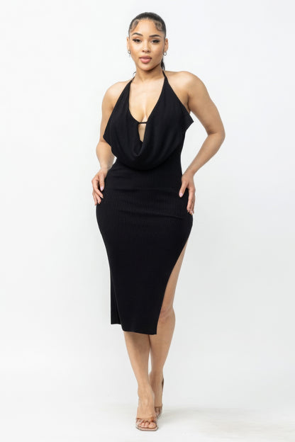 Sexy Black Tie Halter Drape Neck Party Dress with Open Back