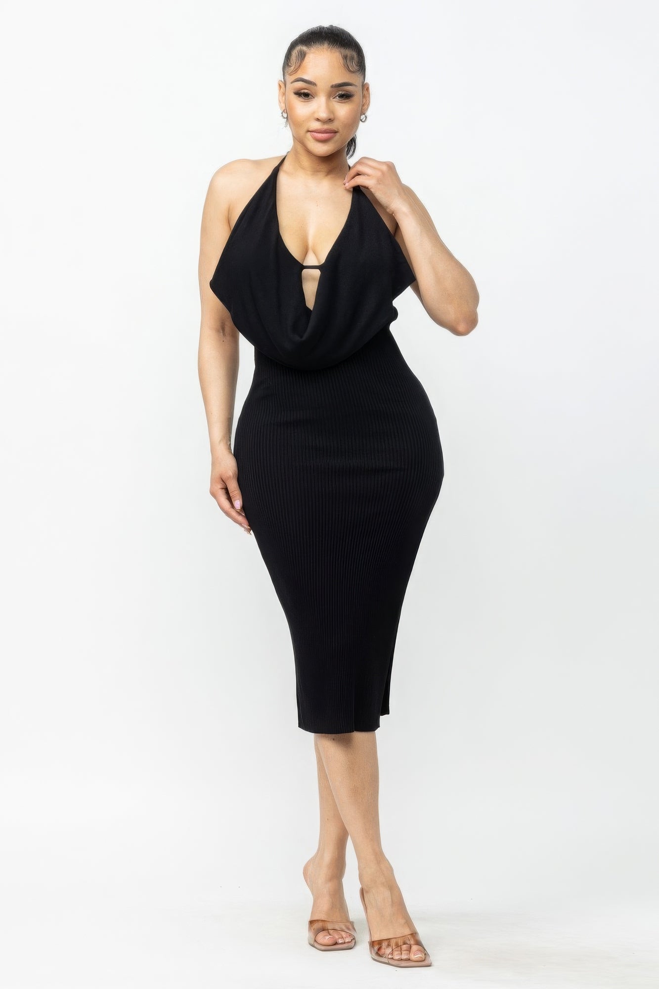 Sexy Black Tie Halter Drape Neck Party Dress with Open Back