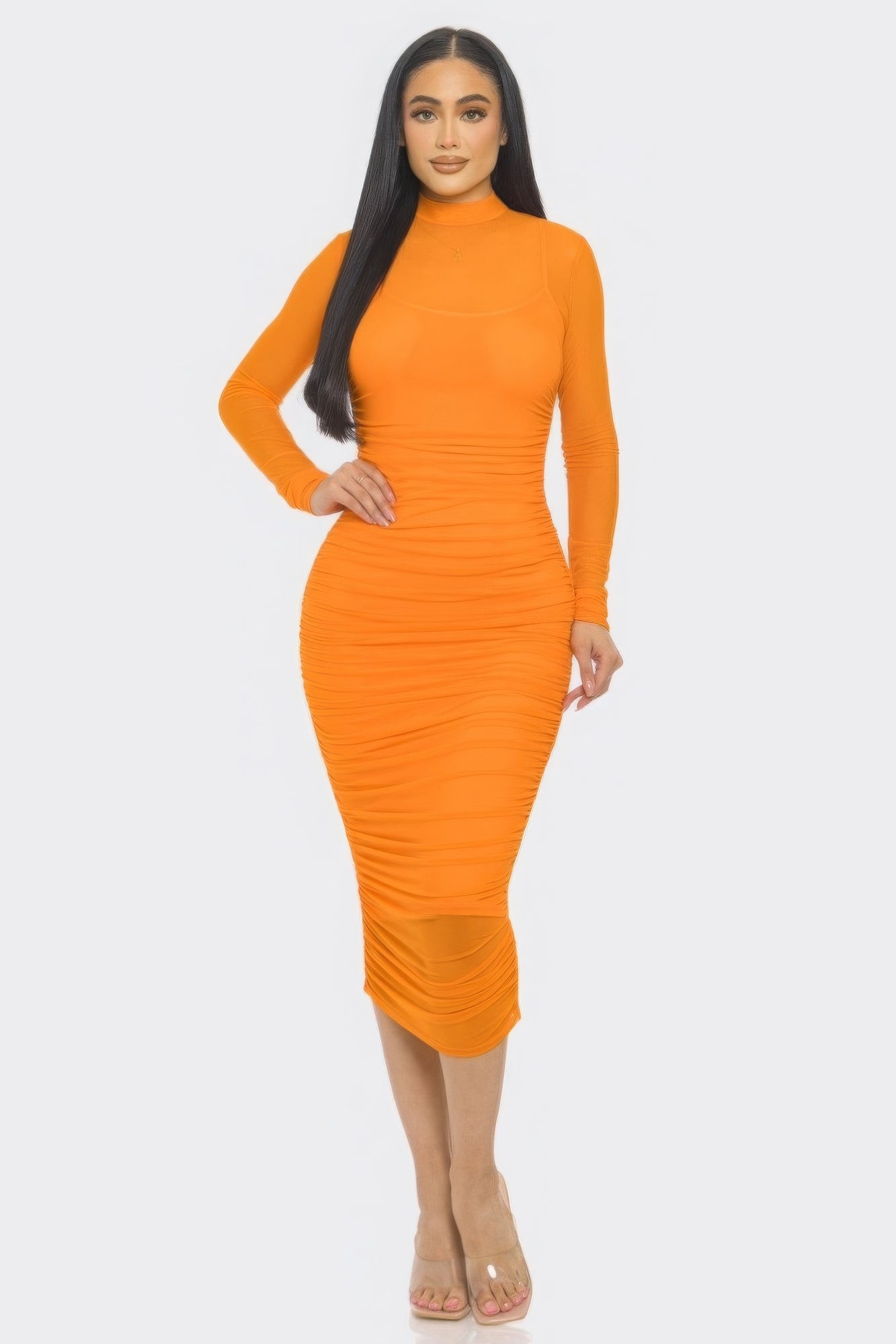 Solid Long Sleeved Mesh Ruched Midi Bodycon Dress