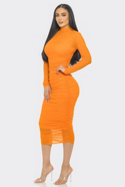 Solid Long Sleeved Mesh Ruched Midi Bodycon Dress