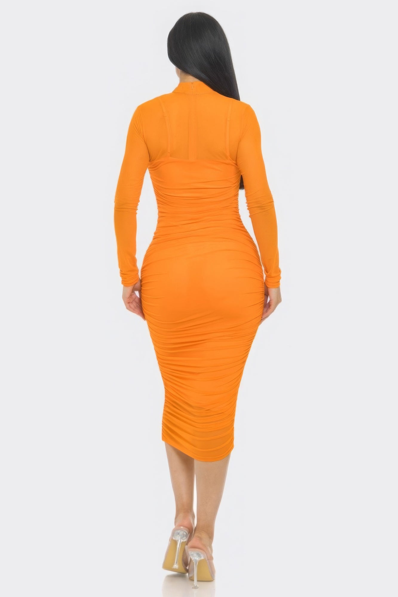 Solid Long Sleeved Mesh Ruched Midi Bodycon Dress