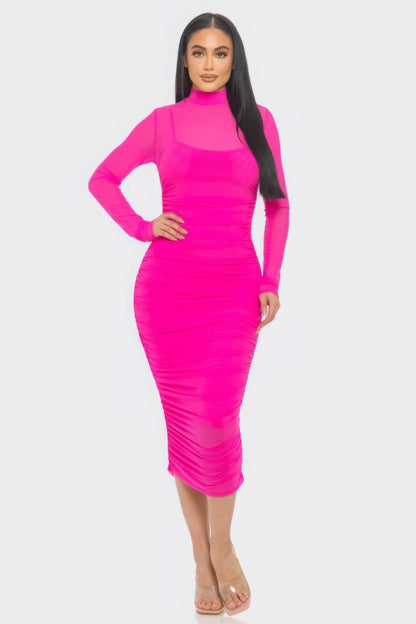 Solid Long Sleeved Mesh Ruched Midi Bodycon Dress