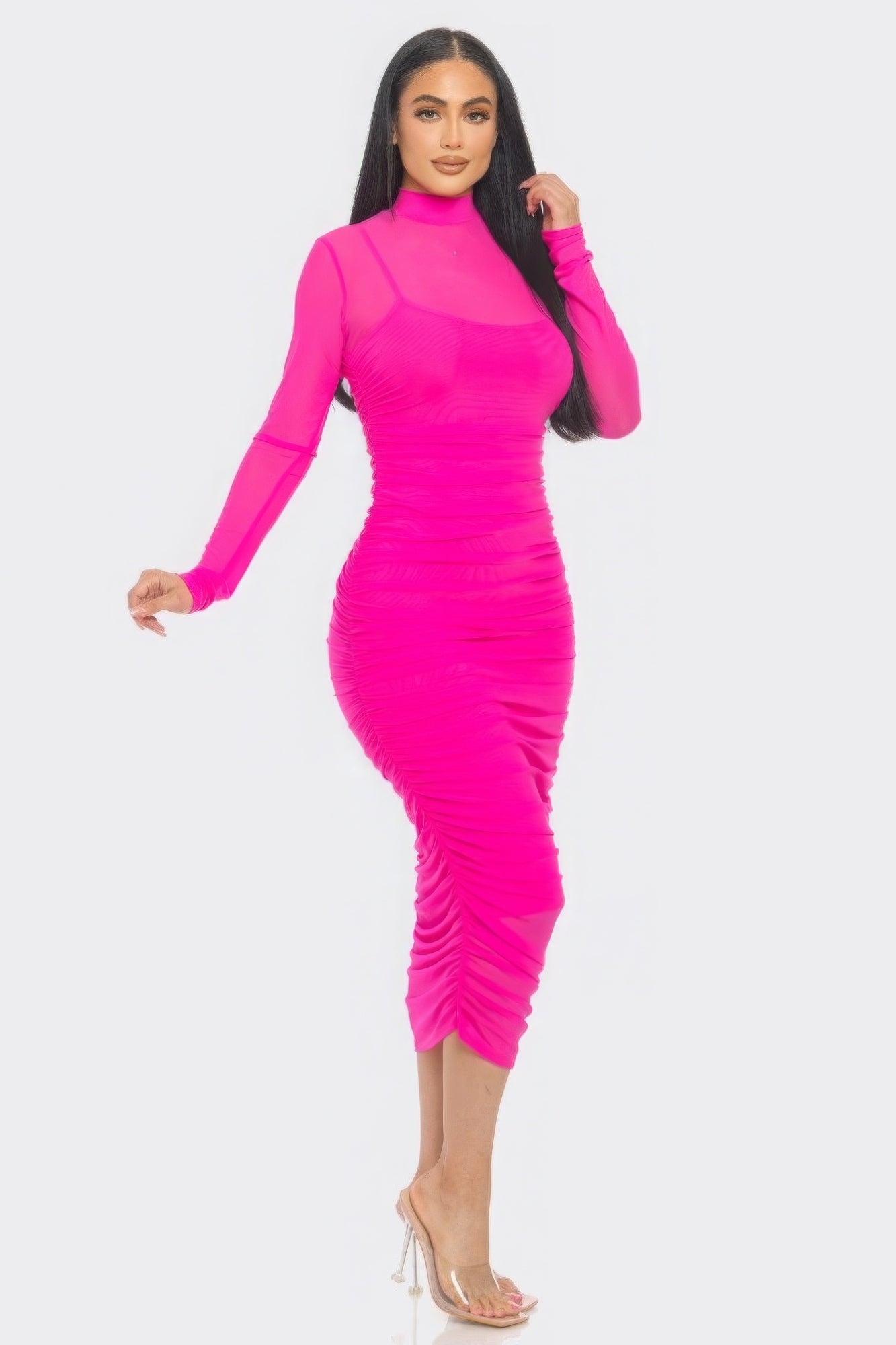 Solid Long Sleeved Mesh Ruched Midi Bodycon Dress