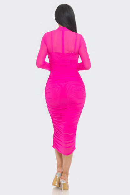 Solid Long Sleeved Mesh Ruched Midi Bodycon Dress