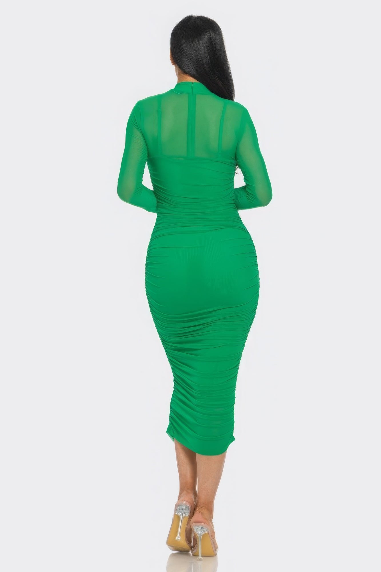 Solid Long Sleeved Mesh Ruched Midi Bodycon Dress