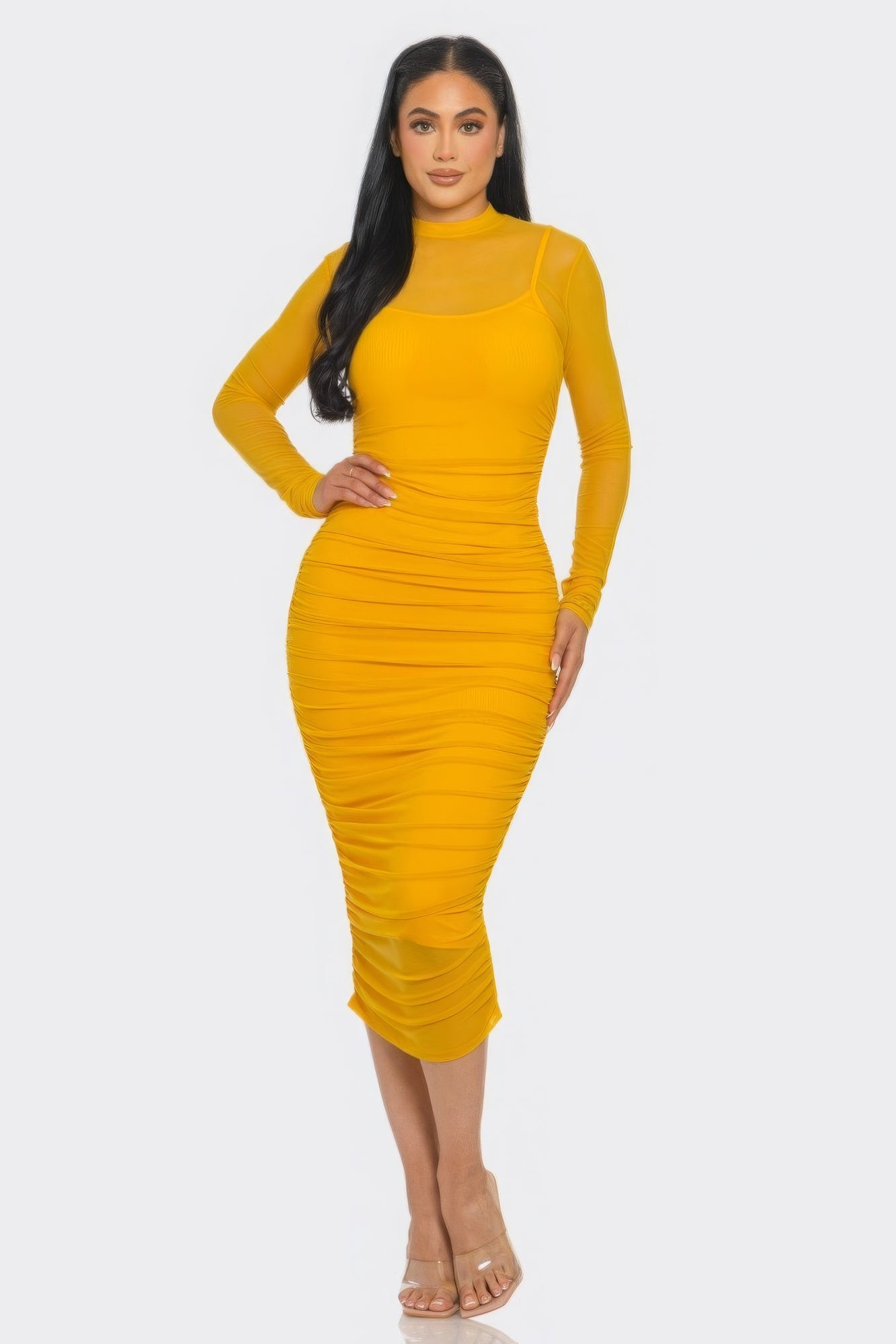 Solid Long Sleeved Mesh Ruched Midi Bodycon Dress