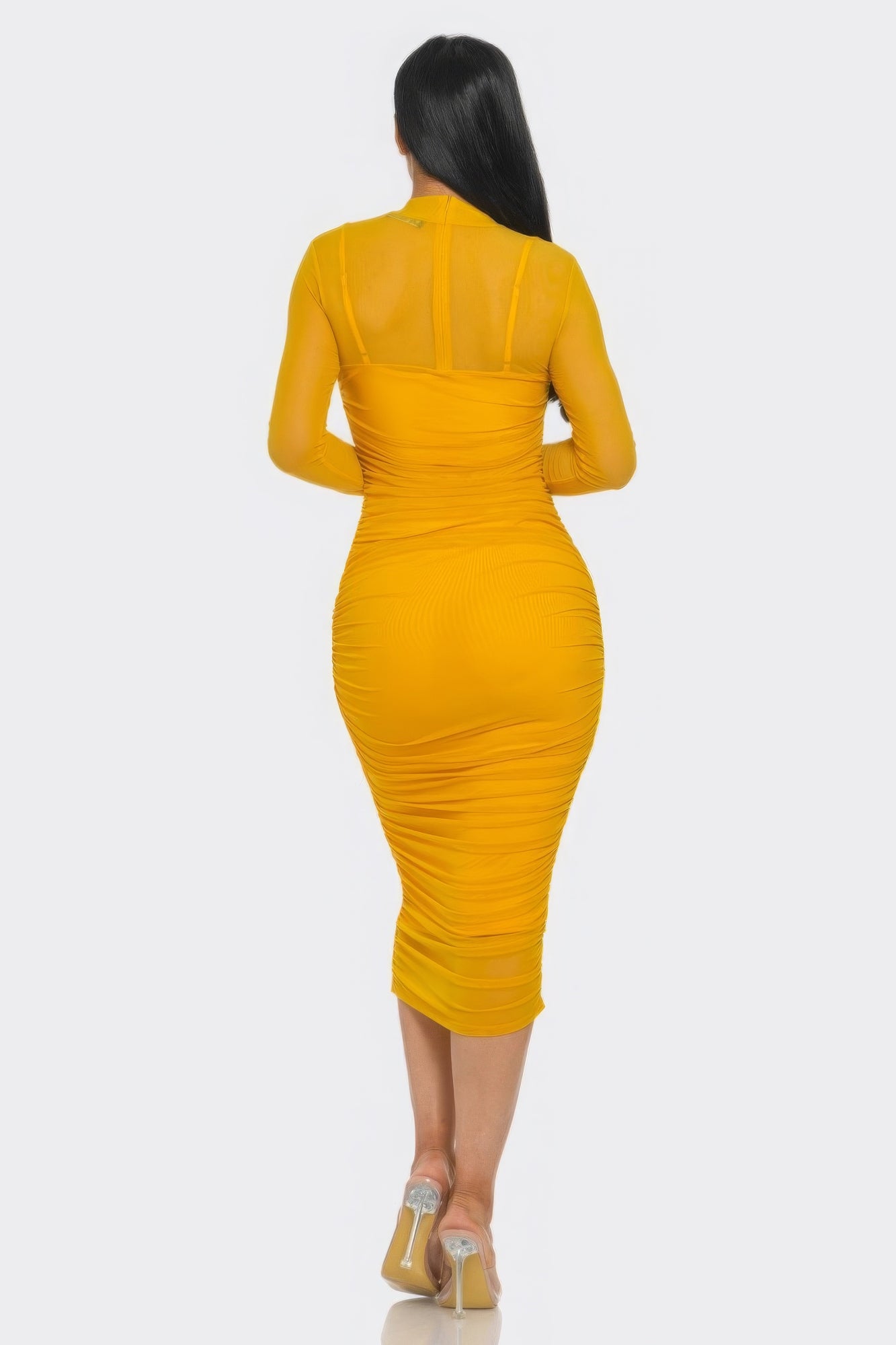 Solid Long Sleeved Mesh Ruched Midi Bodycon Dress