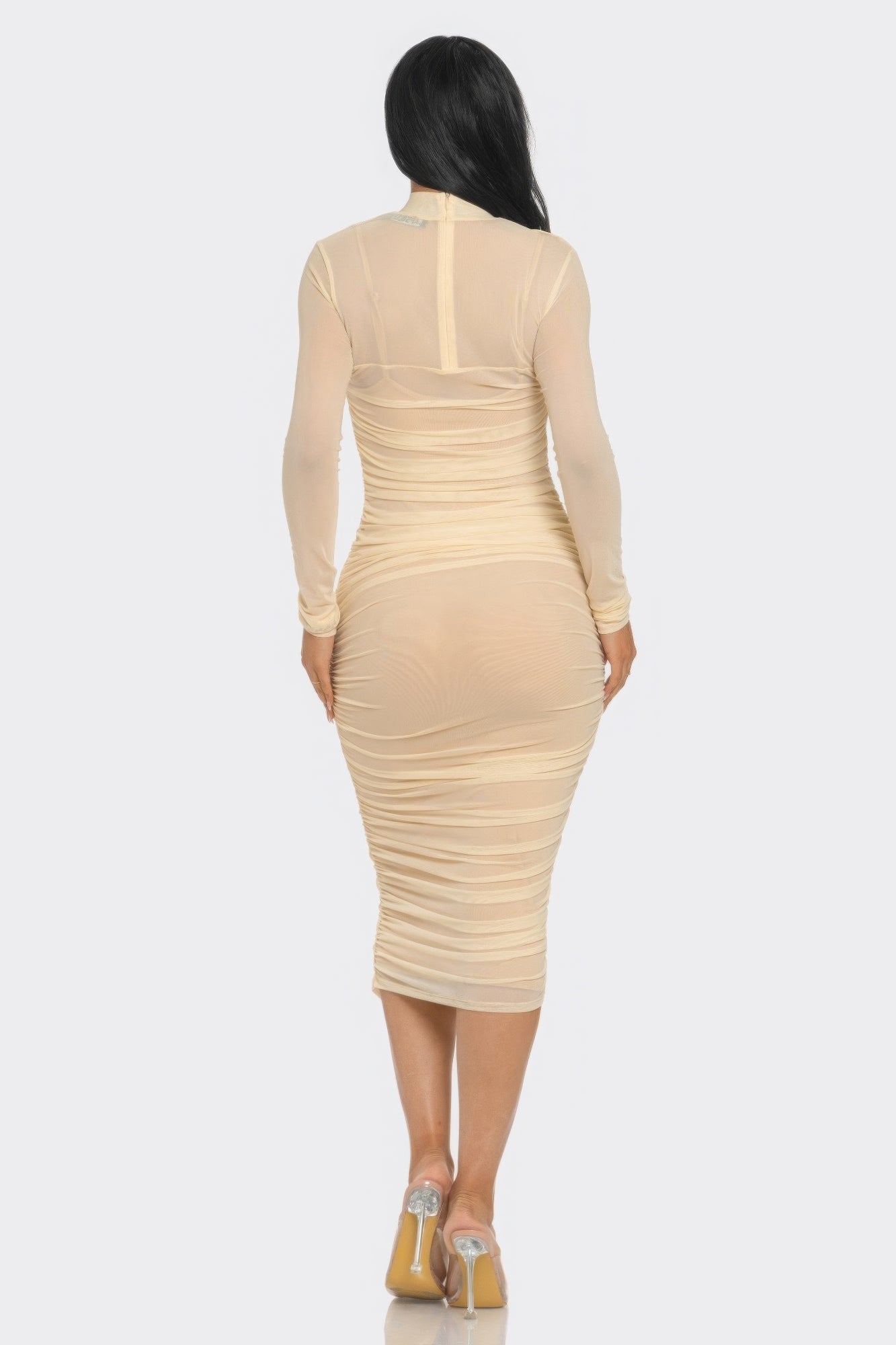 Solid Long Sleeved Mesh Ruched Midi Bodycon Dress