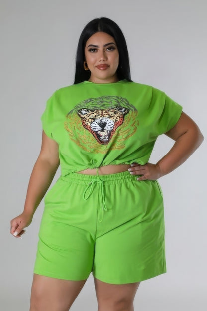 Plus-size Casual Stretch Top & Short Set