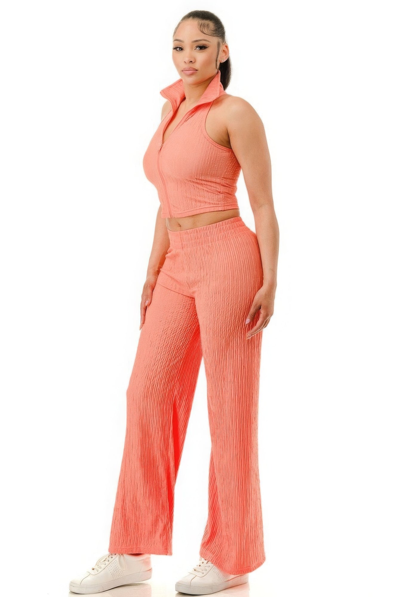 Crinkle Wide Pants Set Zipper