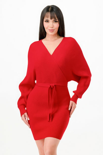 Red Off Shoulder Wrap Belted Ribbed Sweater Dress