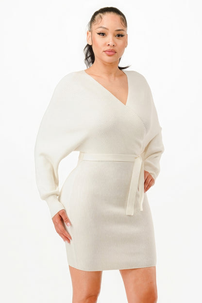 Cream Off Shoulder Wrap Belted Ribbed Sweather Dress