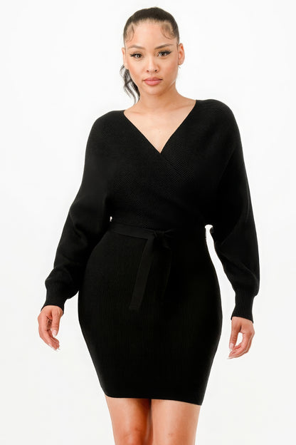 Black Off Shoulder Wrap Belted Ribbed Sweater Dress