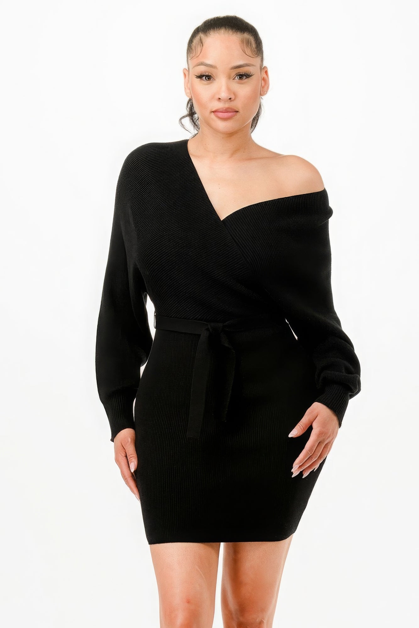 Black Off Shoulder Wrap Belted Ribbed Sweater Dress