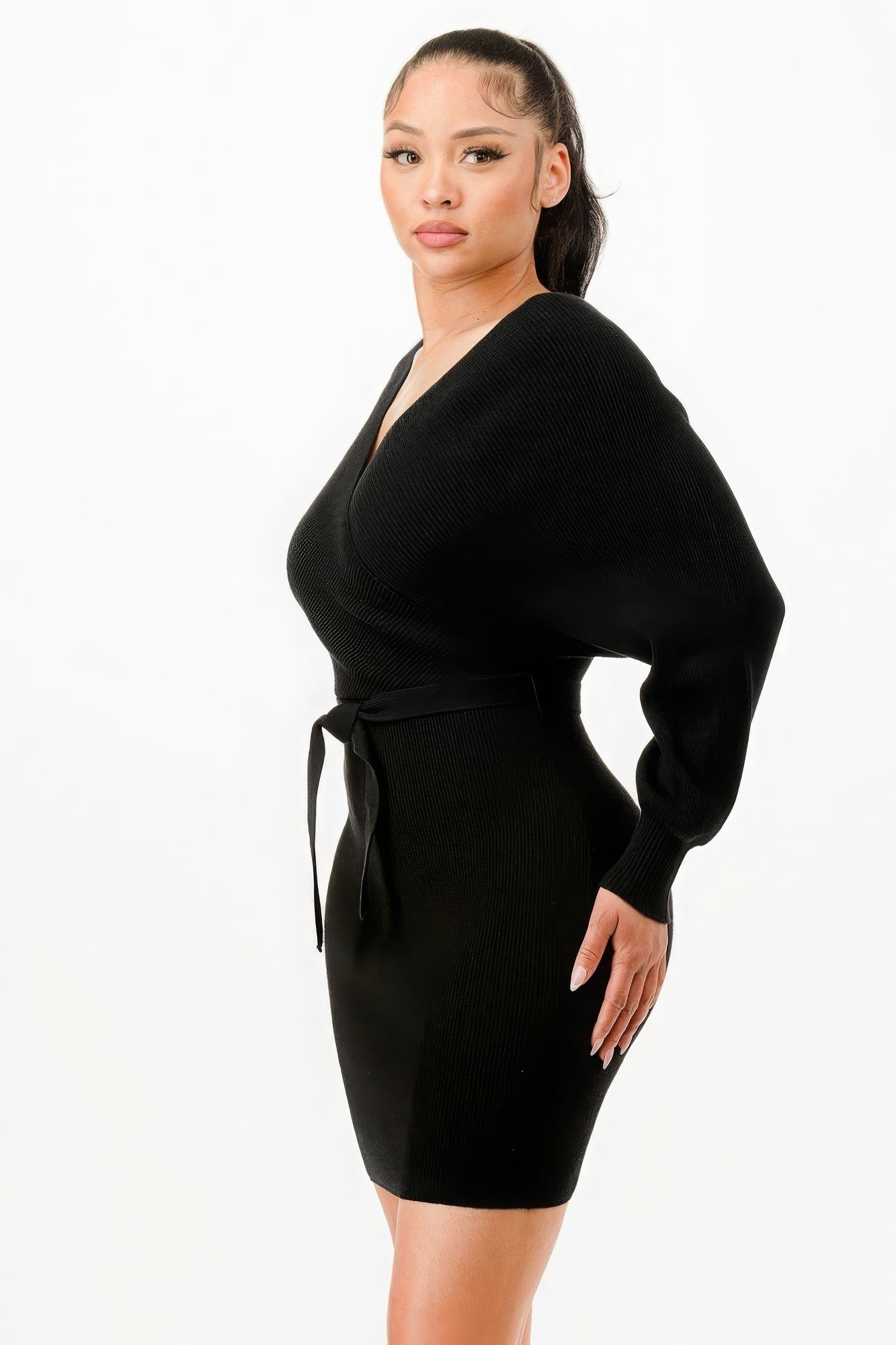 Black Off Shoulder Wrap Belted Ribbed Sweater Dress