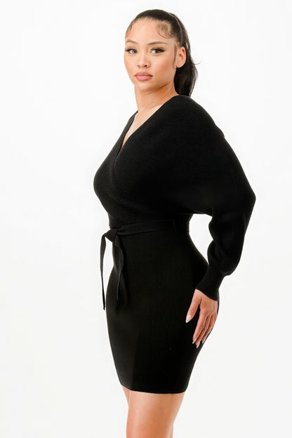 Black Off Shoulder Wrap Belted Ribbed Sweater Dress