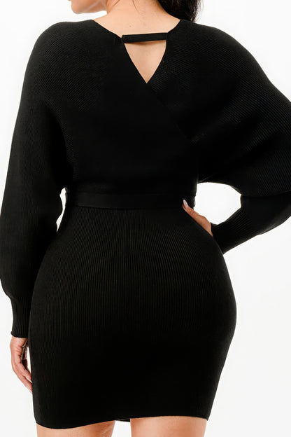 Black Off Shoulder Wrap Belted Ribbed Sweater Dress