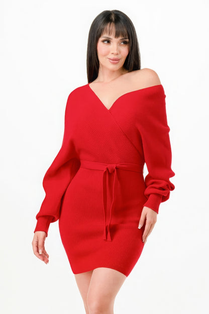 Red Off Shoulder Wrap Belted Ribbed Sweater Dress