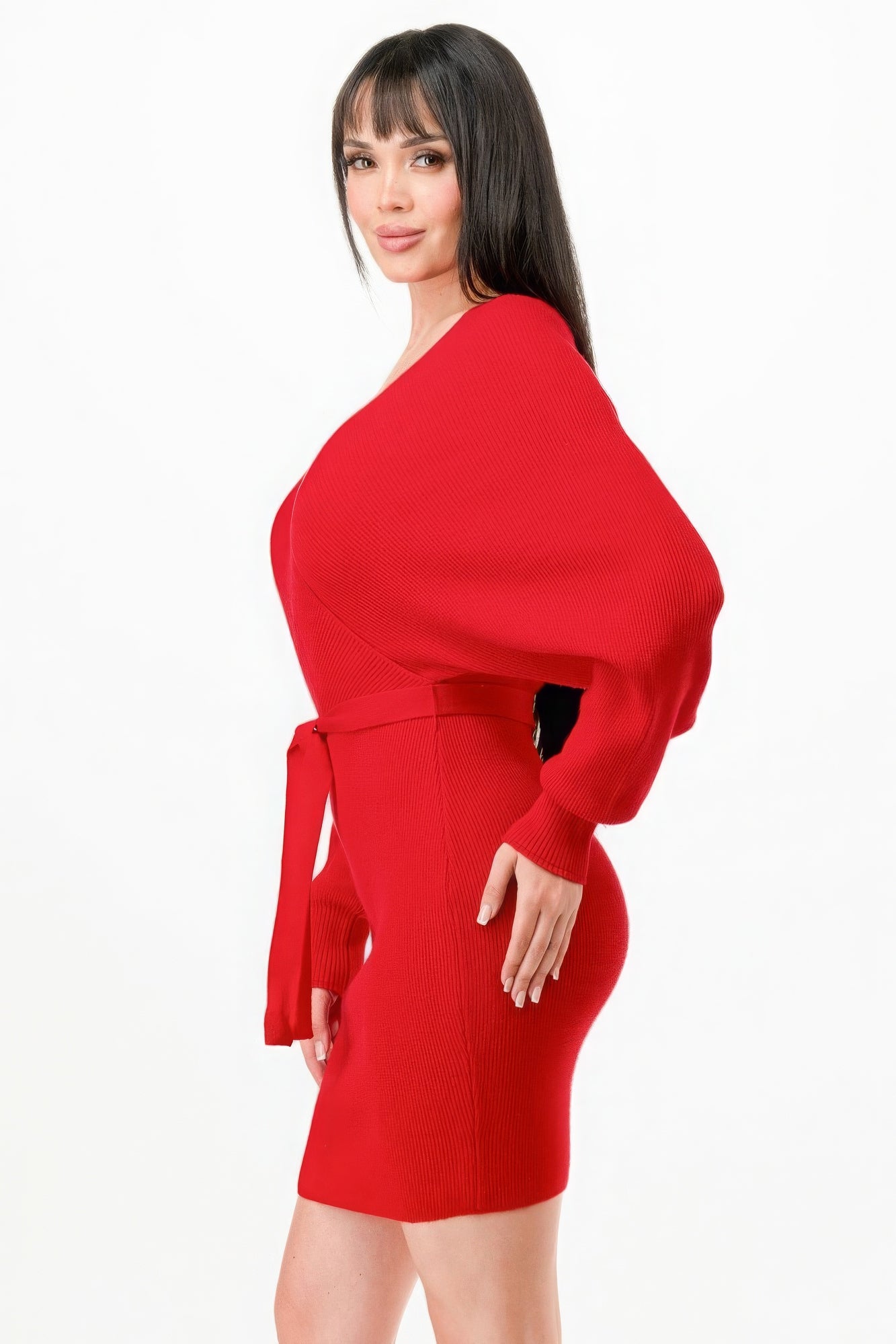 Red Off Shoulder Wrap Belted Ribbed Sweater Dress