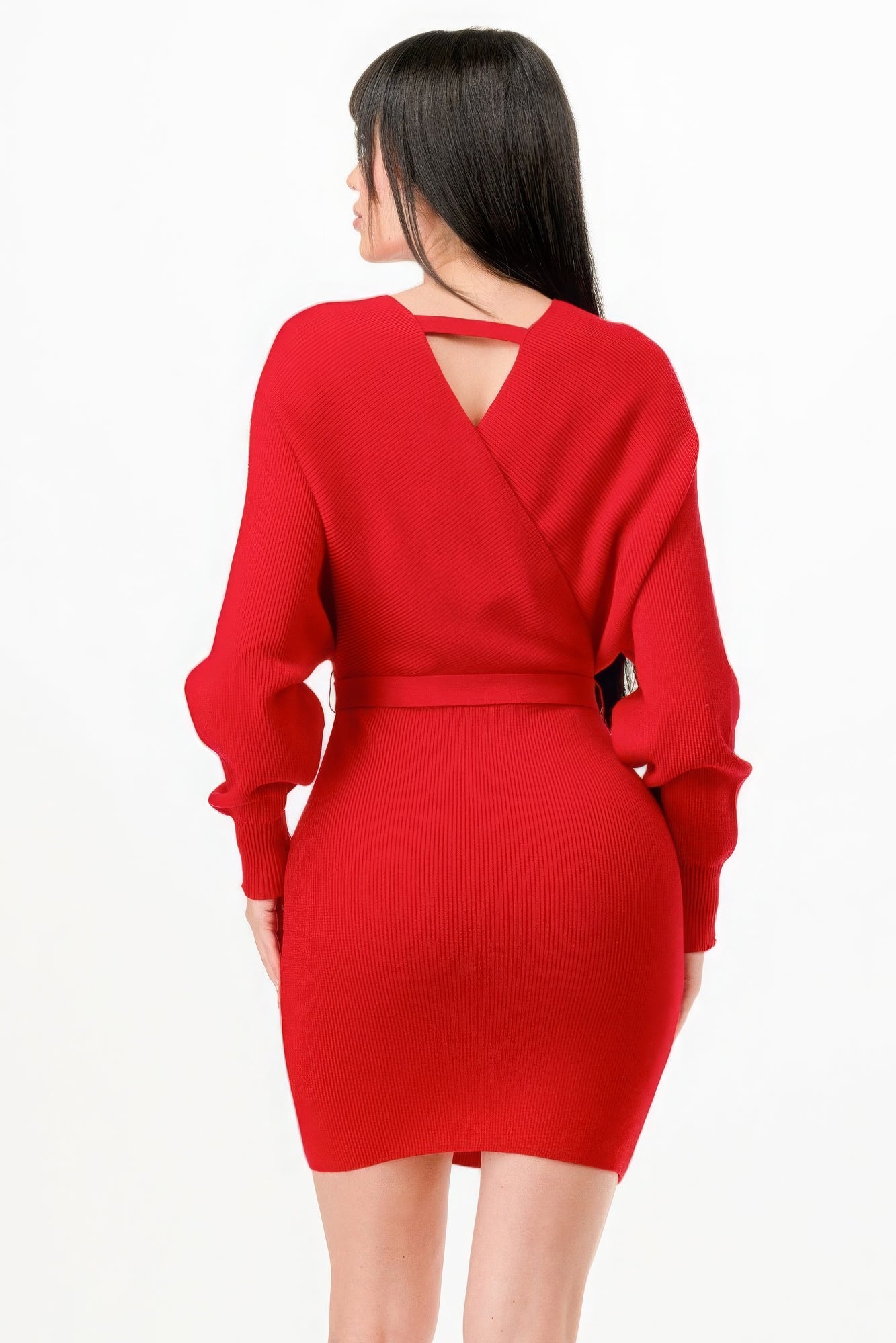 Red Off Shoulder Wrap Belted Ribbed Sweater Dress