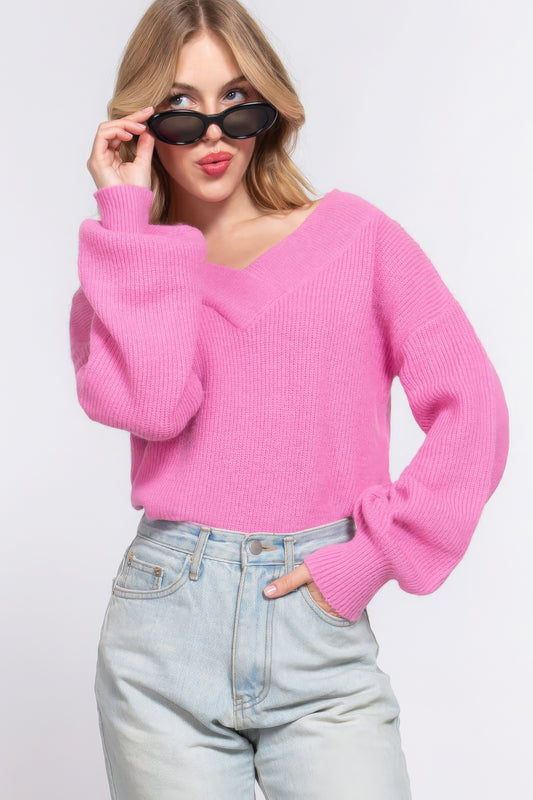 Knit Long Sleeves Double V-neck Sweater