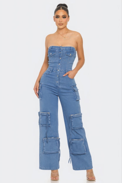 Stylish Strapless Cargo Stretch Denim Jumpsuit