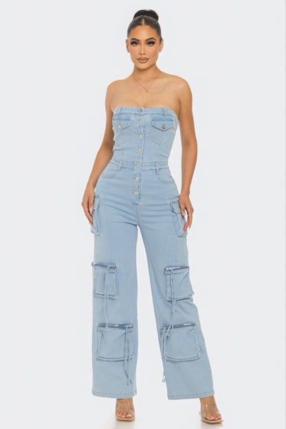 Stylish Strapless Cargo Stretch Denim Jumpsuit