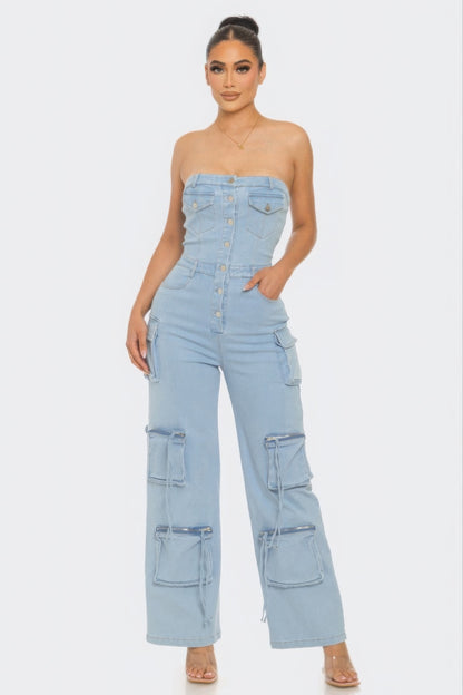 Stylish Strapless Cargo Stretch Denim Jumpsuit