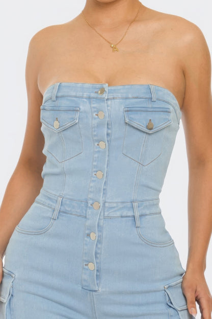 Stylish Strapless Cargo Stretch Denim Jumpsuit