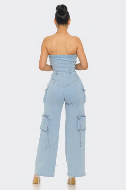 Stylish Strapless Cargo Stretch Denim Jumpsuit