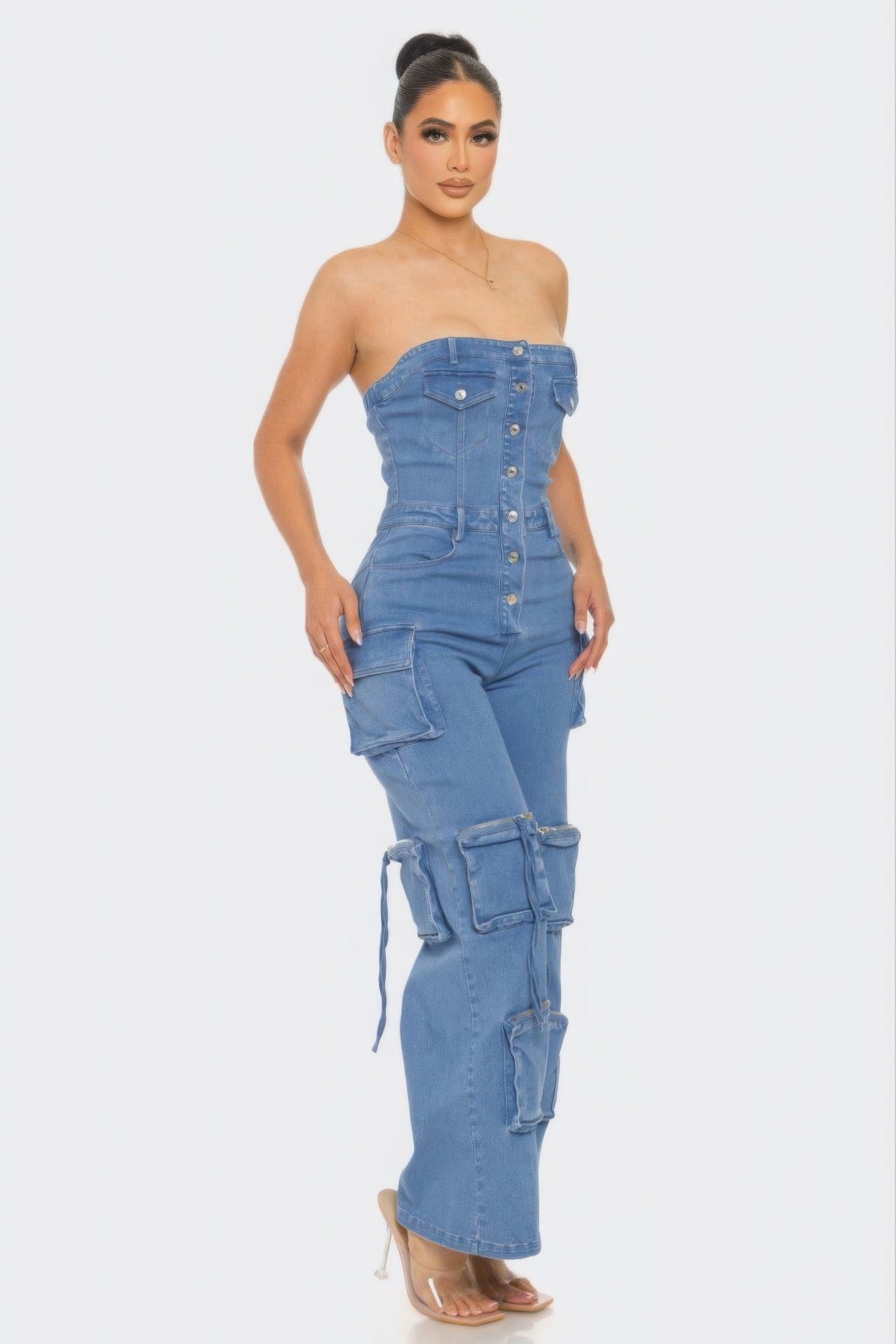 Stylish Strapless Cargo Stretch Denim Jumpsuit