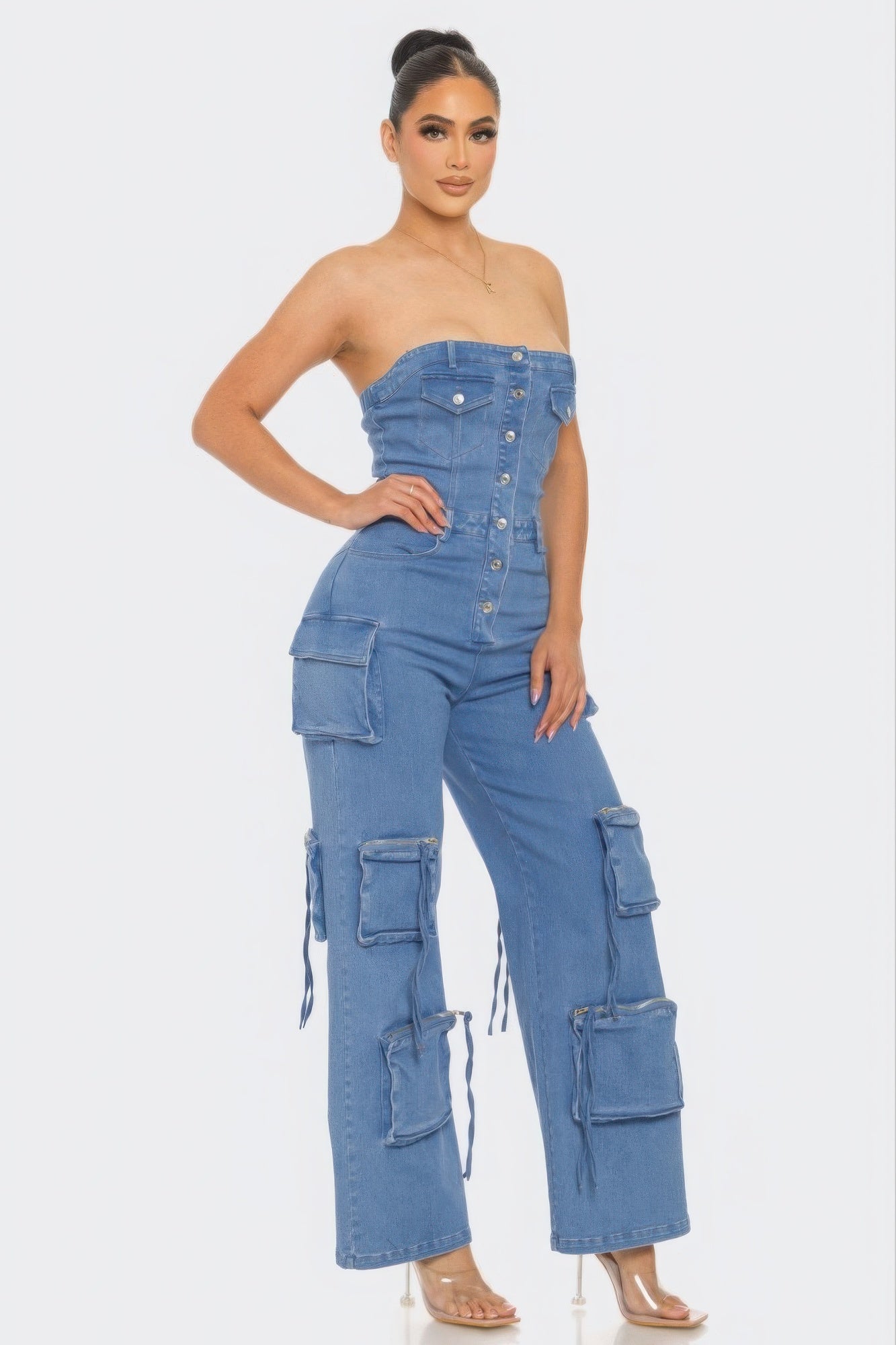 Stylish Strapless Cargo Stretch Denim Jumpsuit