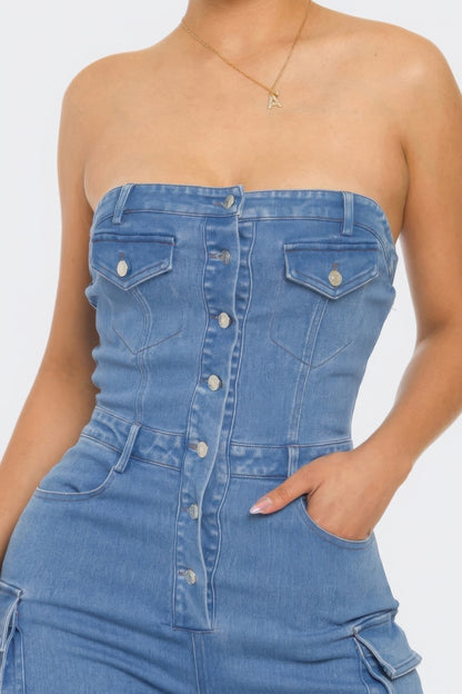 Stylish Strapless Cargo Stretch Denim Jumpsuit