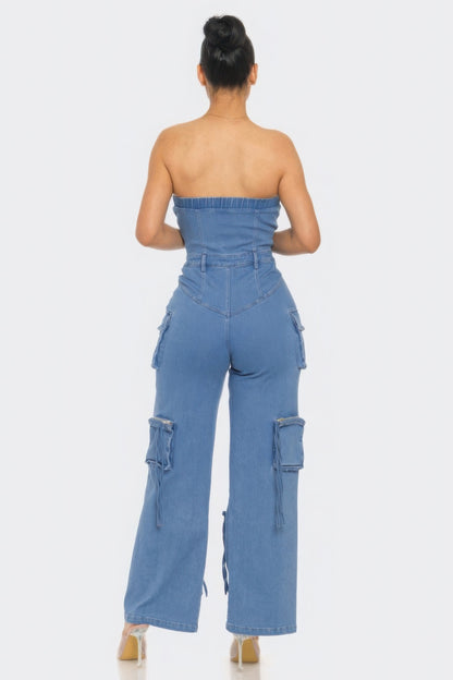 Stylish Strapless Cargo Stretch Denim Jumpsuit