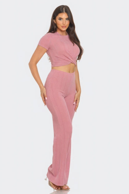 Front Twist Detail Top And Flare Pants Set