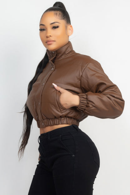 Dark Brown Snap Button Padded Crop Coat