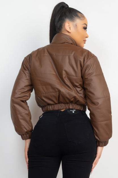 Dark Brown Snap Button Padded Crop Coat