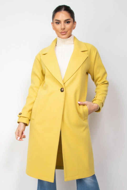 Classic Woven Collar Pocketed Coat in Color Citron