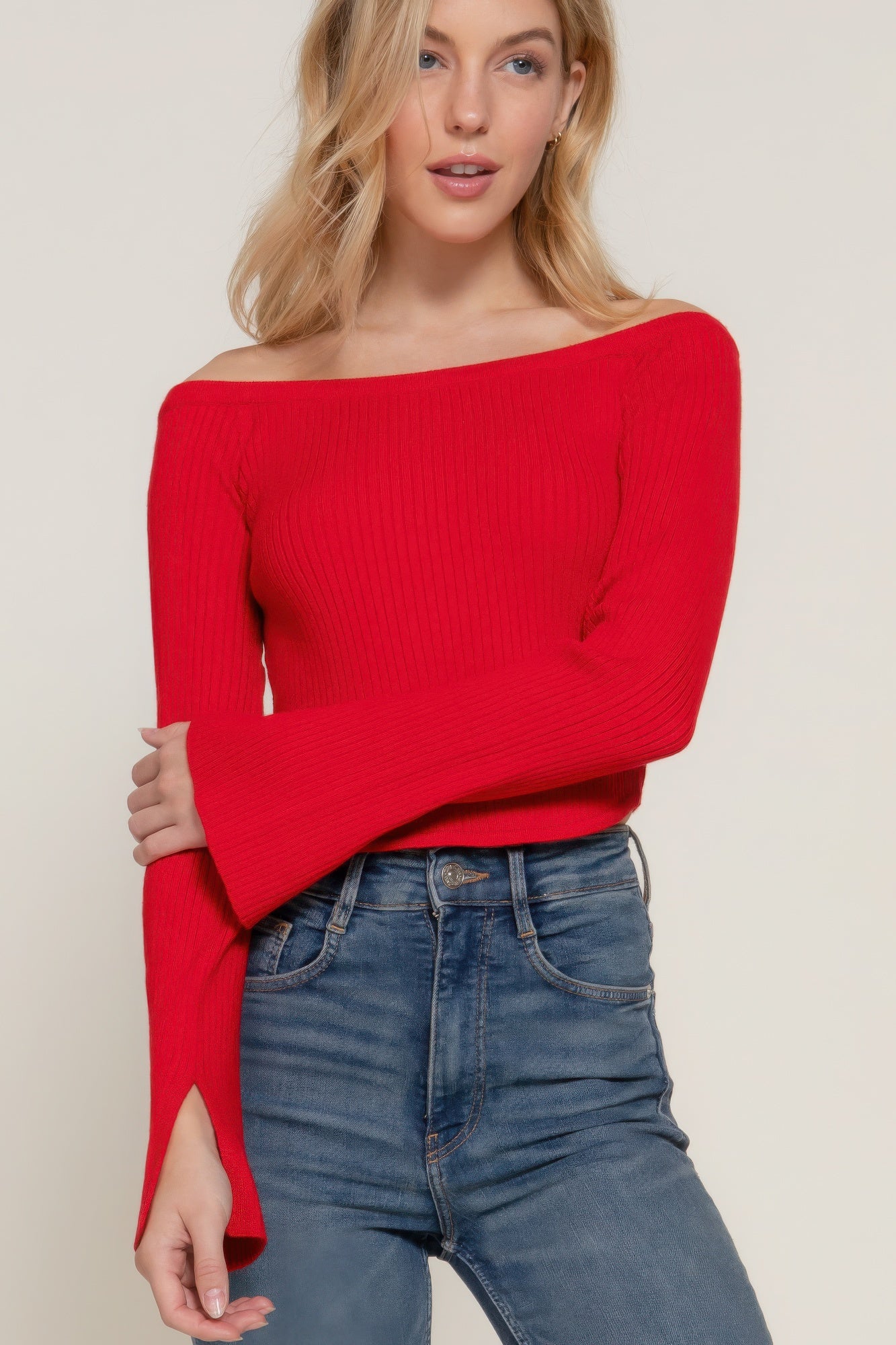 Long Flare Sleeves Off Shoulder Sweater