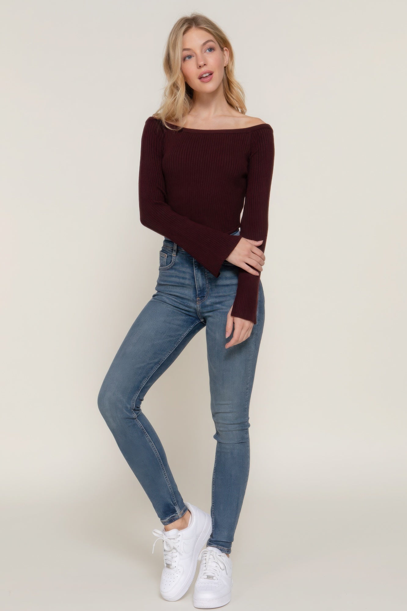 Long Flare Sleeves Off Shoulder Sweater