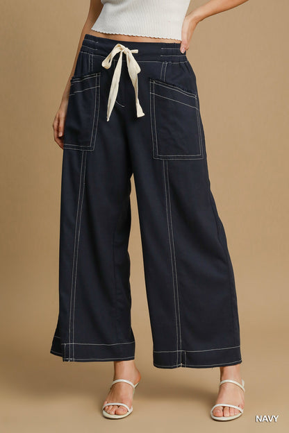 Casual Wide Leg Pull On Pants with 4 Pockets