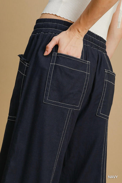 Casual Wide Leg Pull On Pants with 4 Pockets