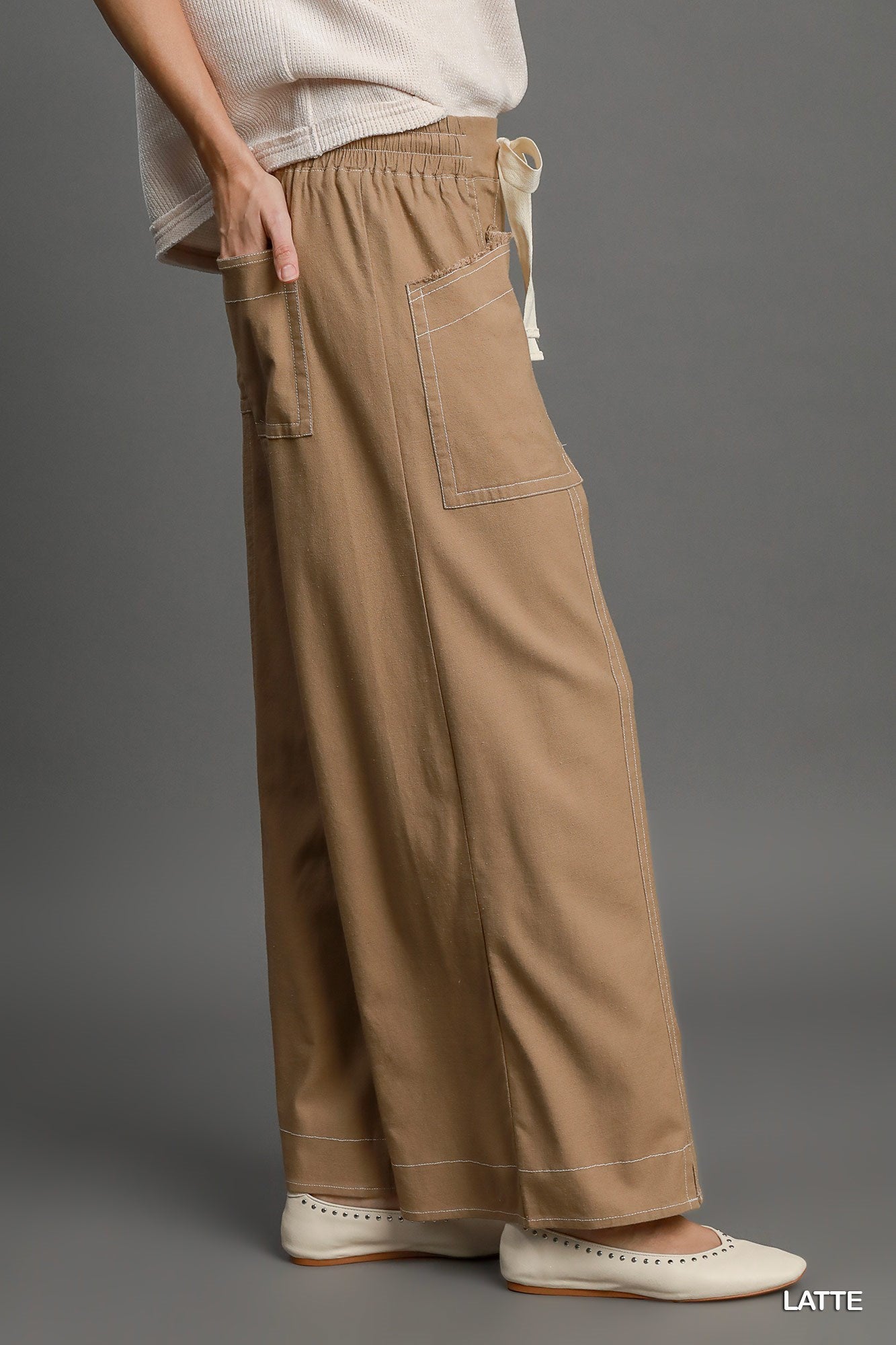 Casual Wide Leg Pull On Pants with 4 Pockets