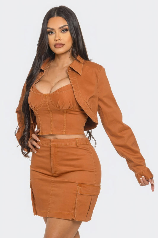 3 Piece Sexy Brown Mini Cargo Skirt Set with Faux Corset Top & Jacket