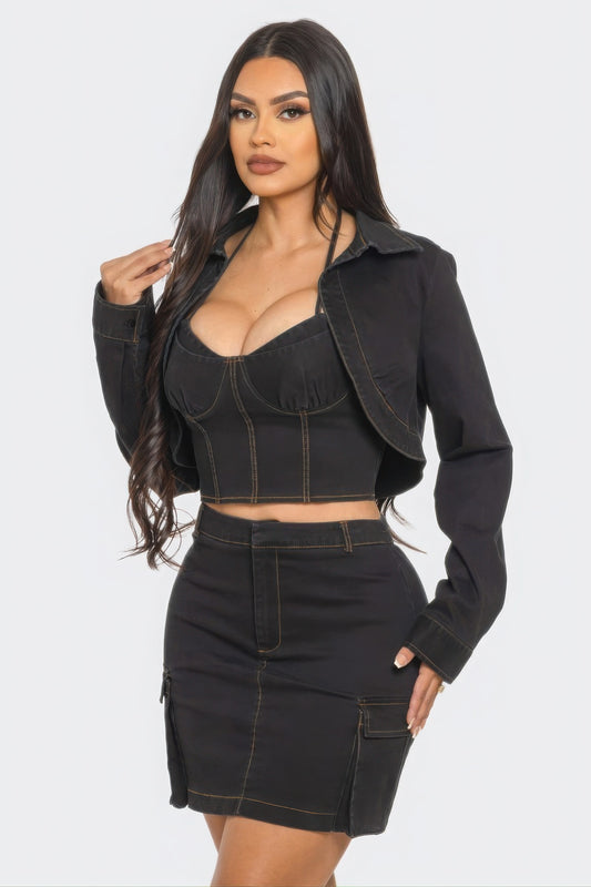 3 Piece Sexy Black Cargo Mini Skirt Set with Faux Corset Crop Top & Jacket