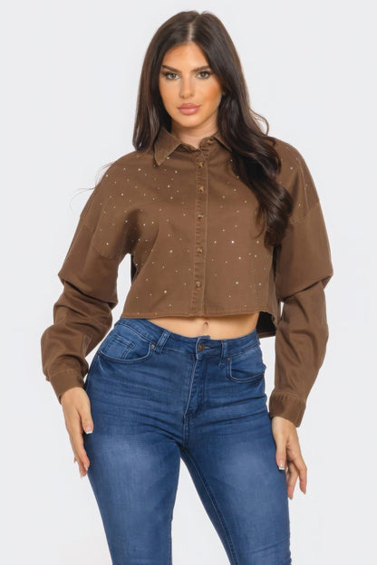 Brown Buttoned-down Cropped Denim Shirt with Bling Details