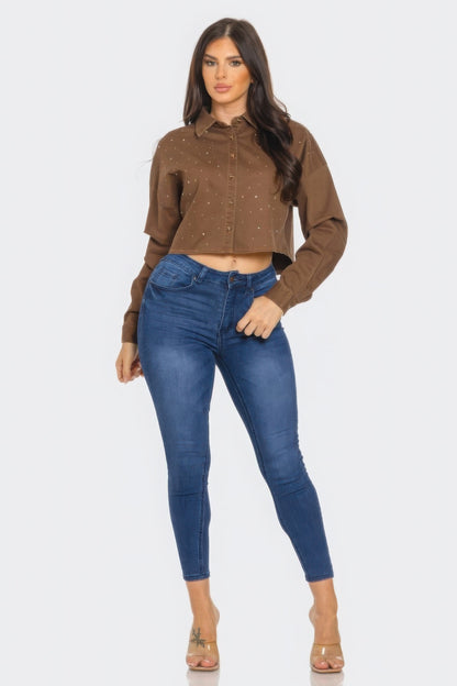 Brown Buttoned-down Cropped Denim Shirt with Bling Details