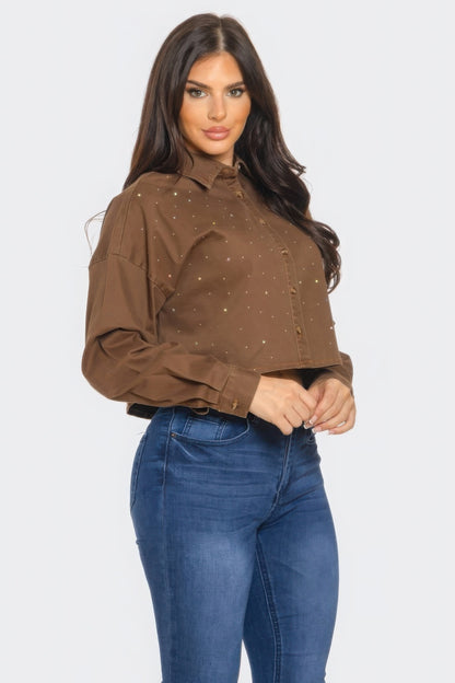 Brown Buttoned-down Cropped Denim Shirt with Bling Details